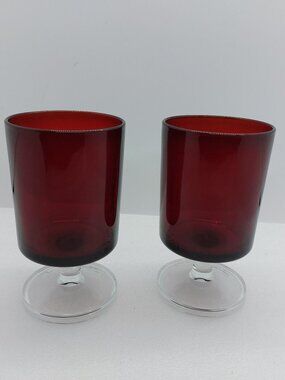 2 Vintage Luminarc Arcoroc Ruby Red Cavalier Footed Wine Glasses France